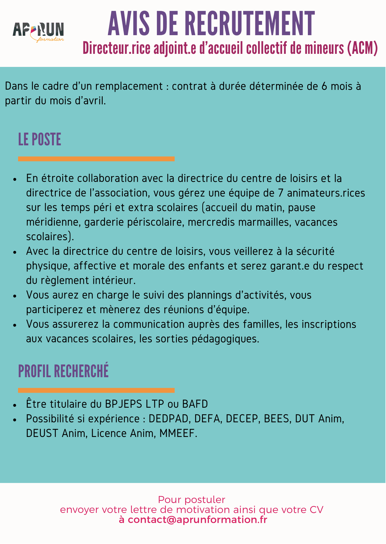 Lire la suite à propos de l’article Avis de Recrutement Directeur.rice adjoint.e d’accueil collectif de mineurs